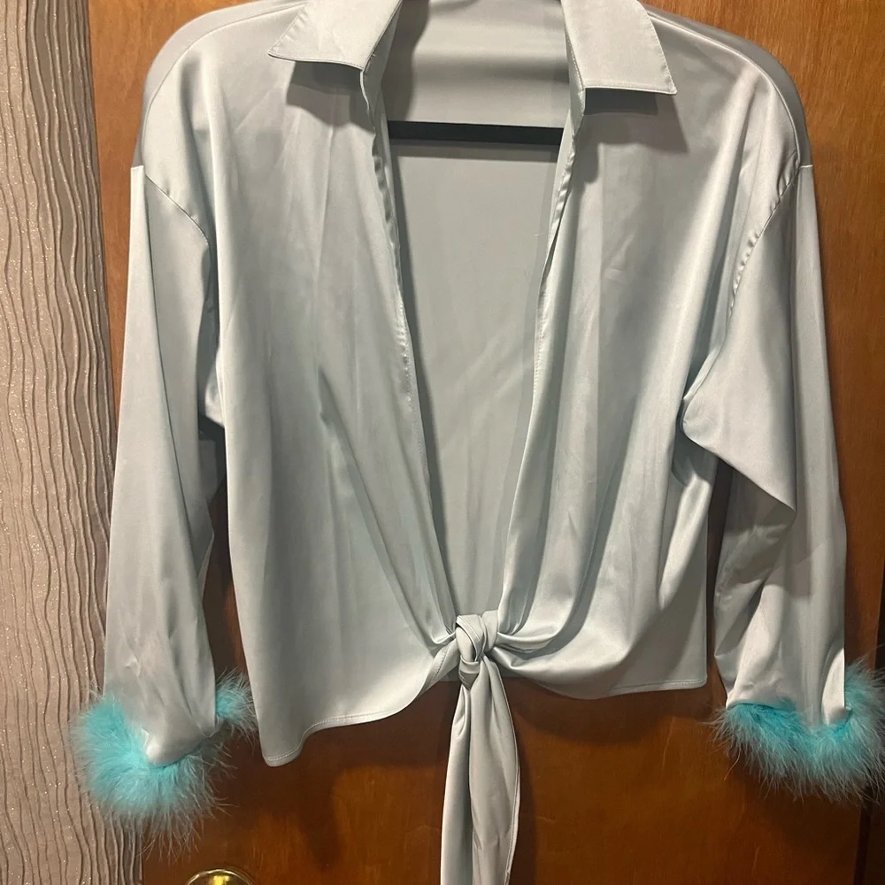 Tie-Front Satin Blouse in Light Blue - Picture 2 of 7